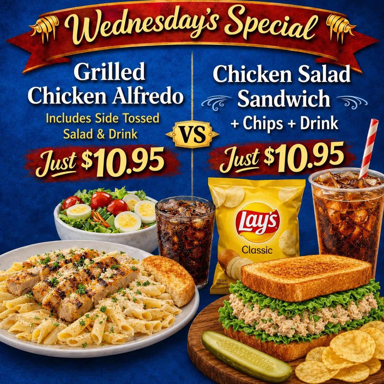 Wednesday's Special flyer, $10.95 each: grilled chicken alfredo or chicken salad sandwich combo
