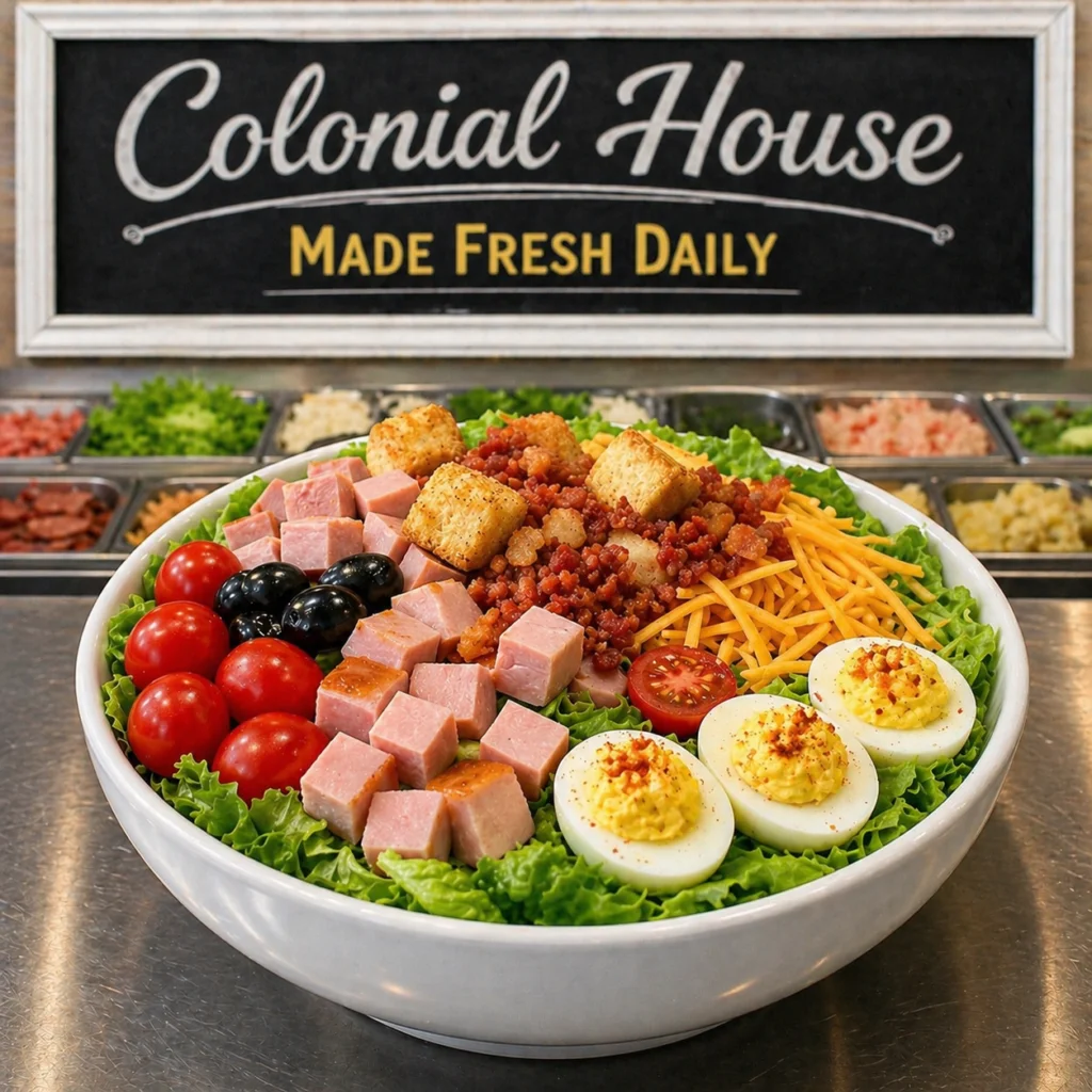 Chef salad with ham, bacon, cheddar, eggs, tomatoes and olives under a Colonial House sign