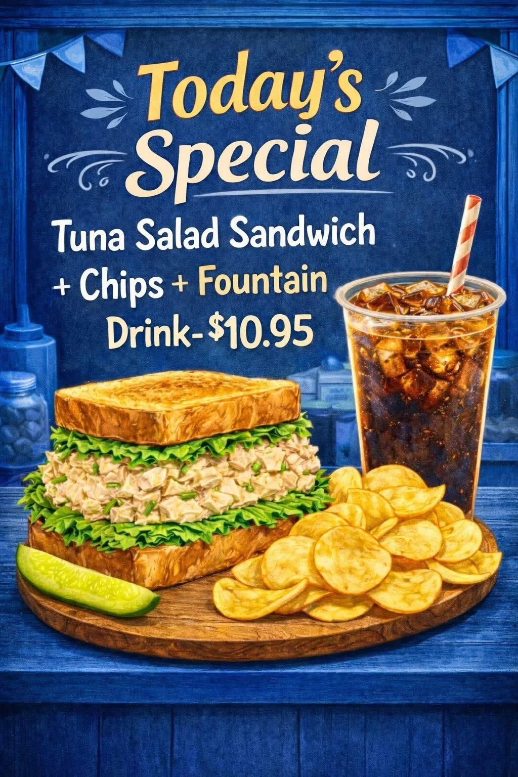Today's Special flyer: tuna salad sandwich, chips and fountain drink, $10.95
