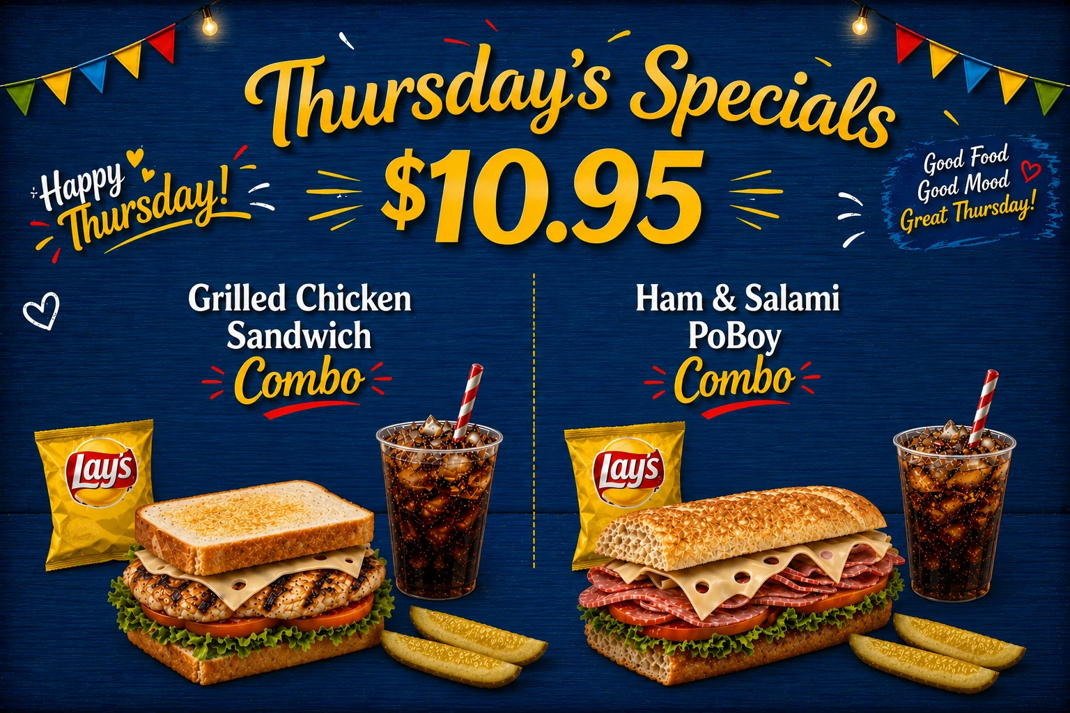 Thursday's Specials flyer, $10.95: grilled chicken sandwich combo or ham and salami po'boy combo