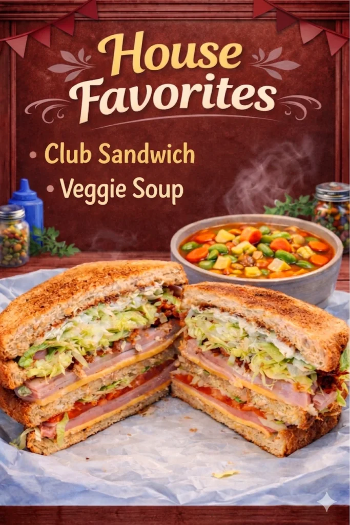 House Favorites flyer with a club sandwich and veggie soup
