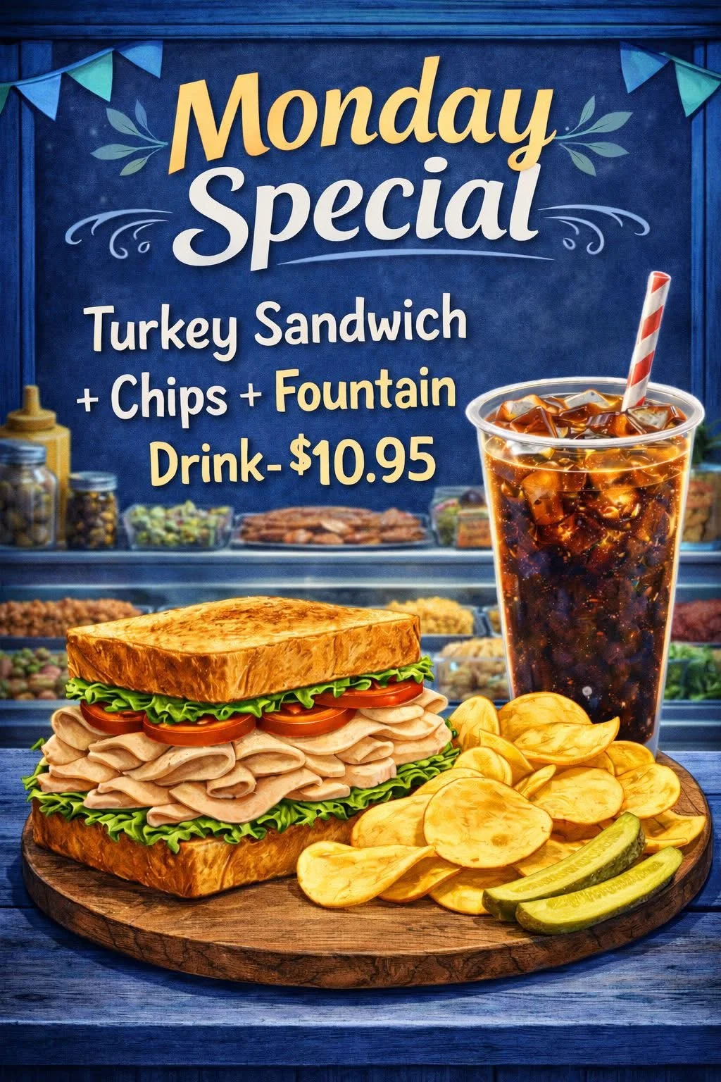 Monday Special flyer: turkey sandwich, chips and fountain drink, $10.95