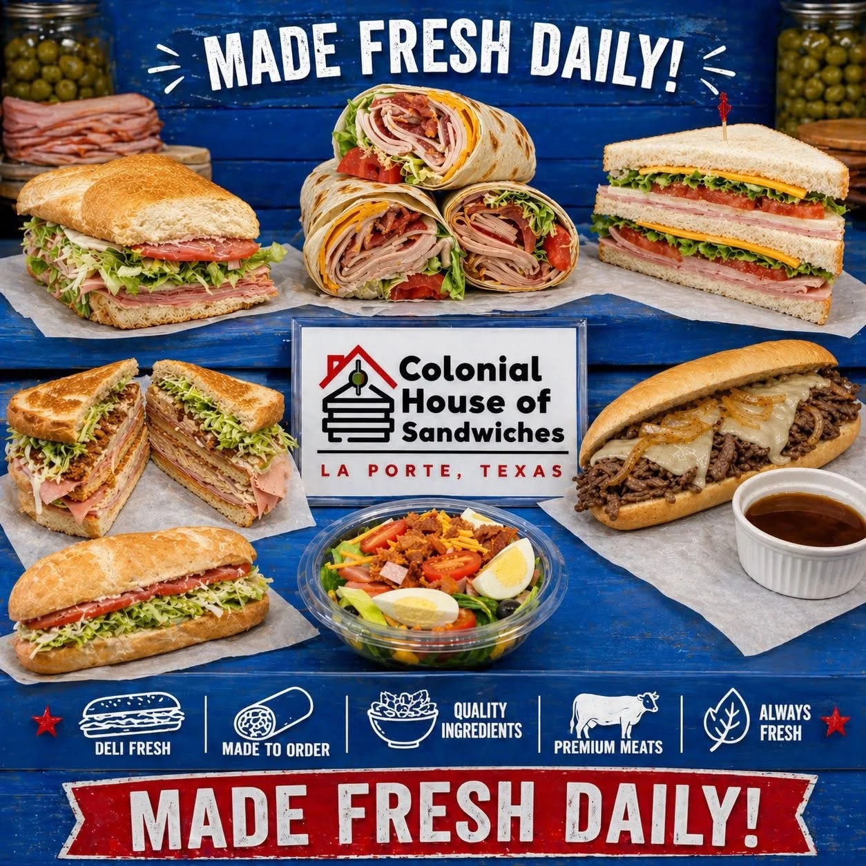 Made Fresh Daily banner with deli sandwiches, wraps, a chef salad and a French dip with au jus