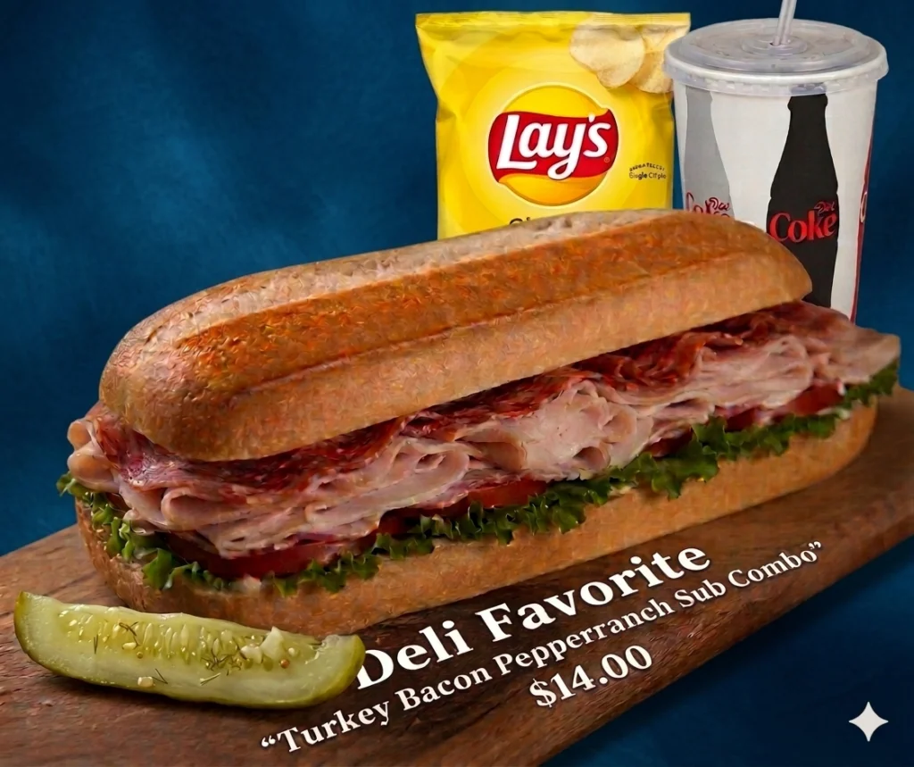 Deli Favorite turkey bacon sub combo with chips and a drink, $14.00