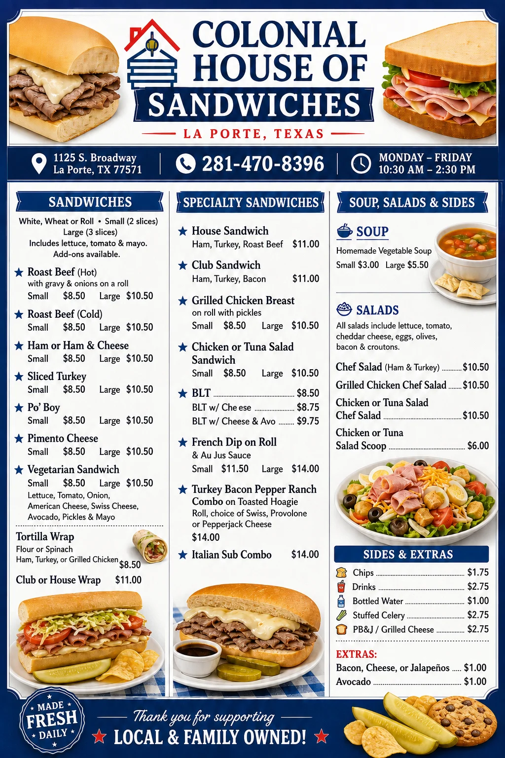 Colonial House of Sandwiches menu with prices: sandwiches, specialty sandwiches, soup, salads, sides and extras